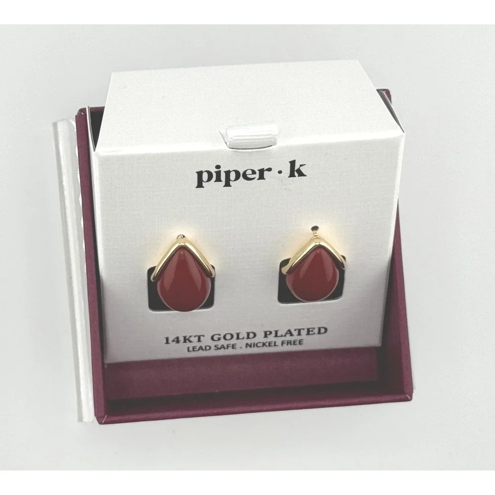 Piper K 14KT Gold Plate Burgundy Red Teardrop Stud Earrings NWT Lead Nickel Free